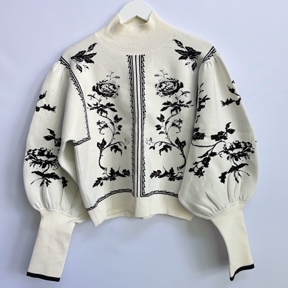 NWT Anthropologie Balloon-Sleeve Embroidered 3D Flowers Turtleneck Sweater - Picture 13 of 17